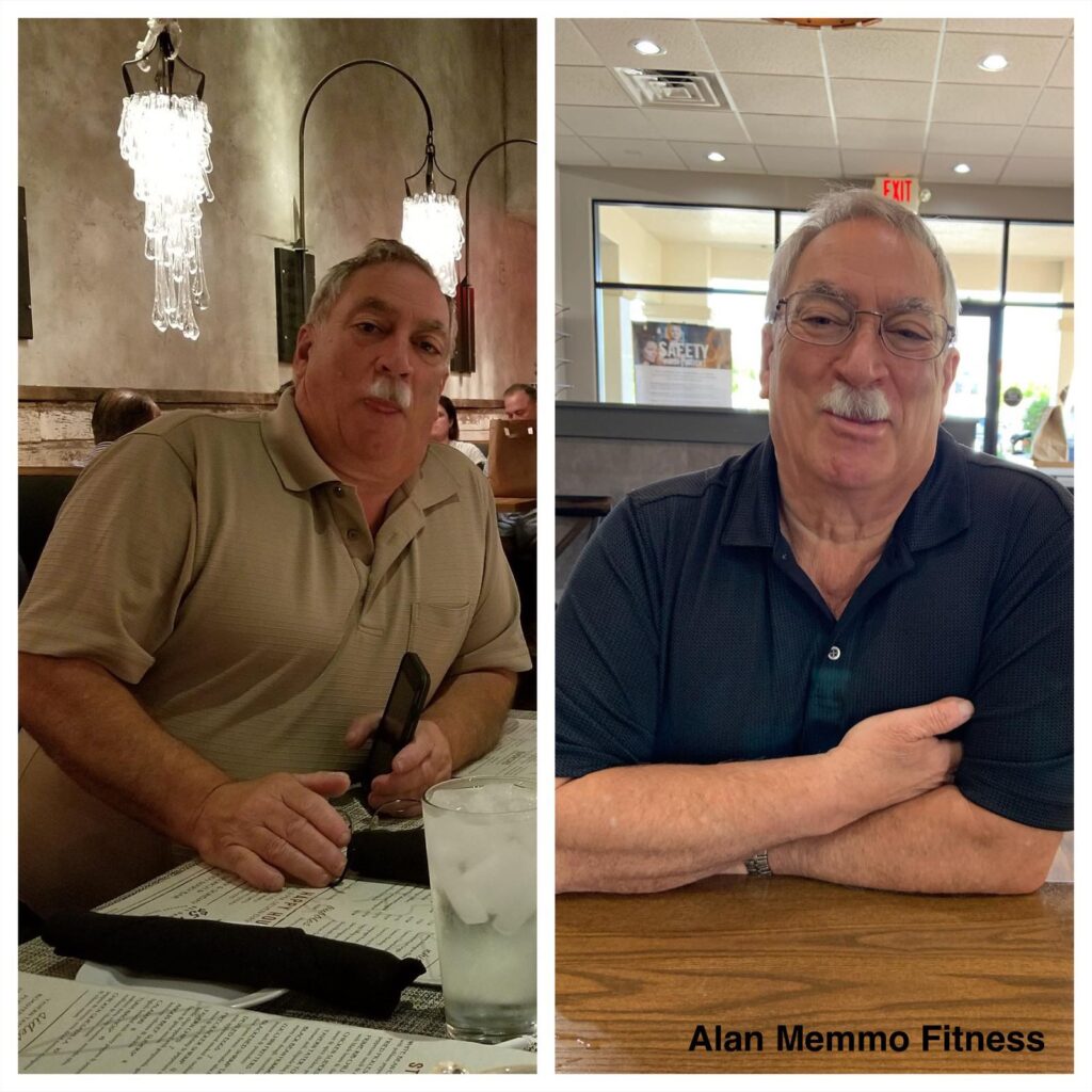 before and after picture of older man with gray moustache and glasses | Smart Moves Fitness virtual personal trainer