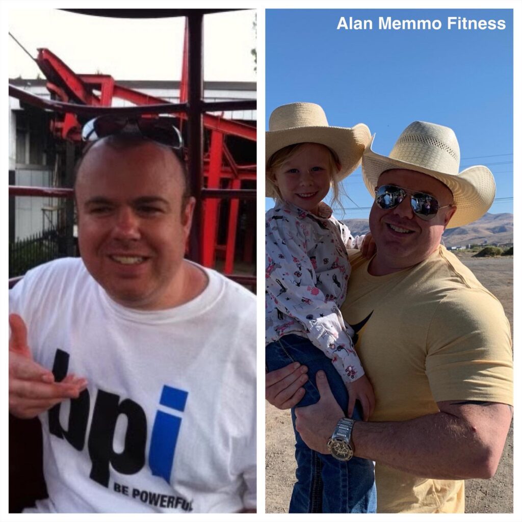 before and after picture of man wearing cowboy hat | Smart Moves Fitness affordable personal trainer online