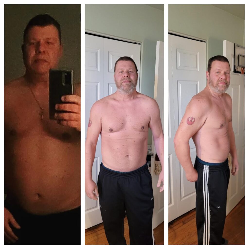 before and after picture of middle aged man with brown hair and beard | online fitness coach