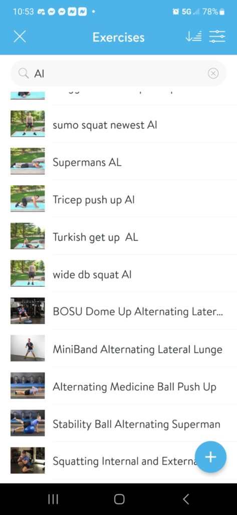 screenshot of the Trainerize app, showing a list of exercises | virtual personal trainer, online fitness program