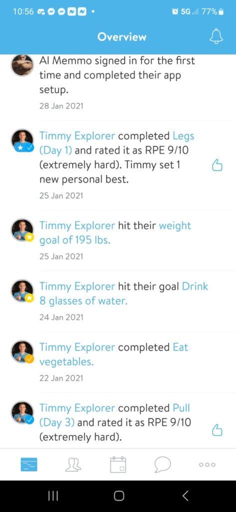screenshot of the Trainerize app, showing a feed of achievements | virtual personal trainer, online fitness program
