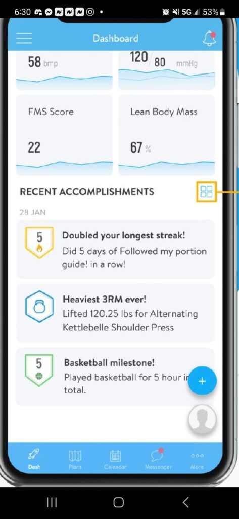 screenshot of the Trainerize app, showing a user's stats | virtual personal trainer, online fitness program